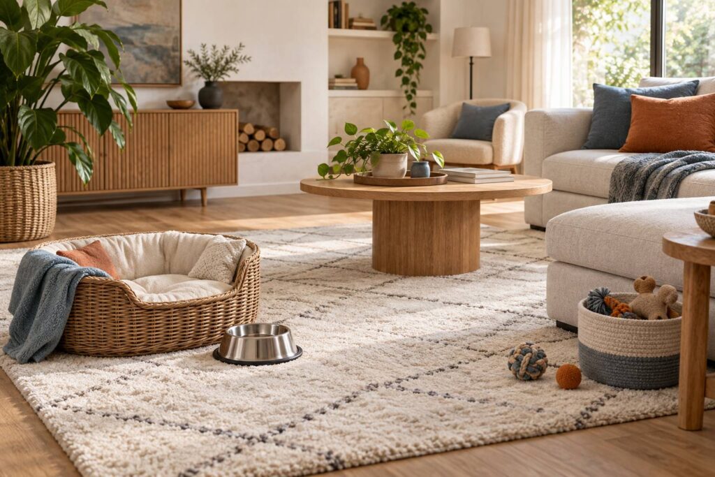 Interieur tenu avec panier d'osier et gamelle inox au sol