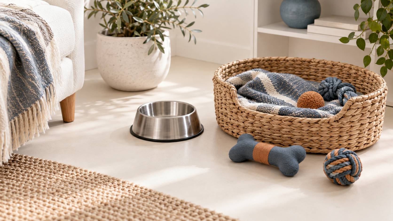 Gamelle inox et panier d'osier sur un sol clair