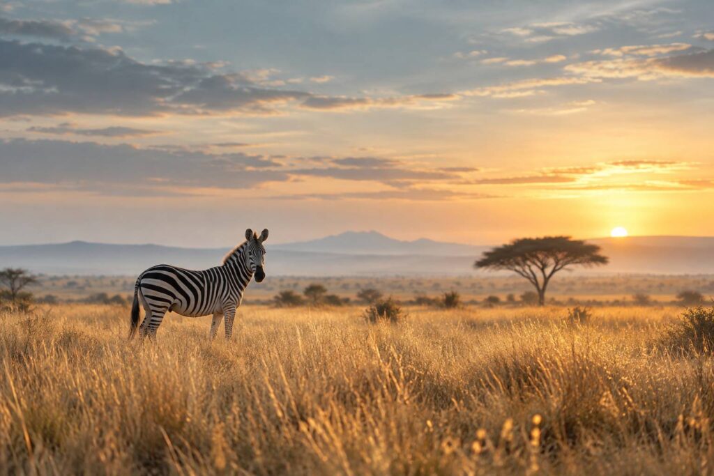 Zebre au pelage noir et blanc debout dans une savane generique au lever du jour