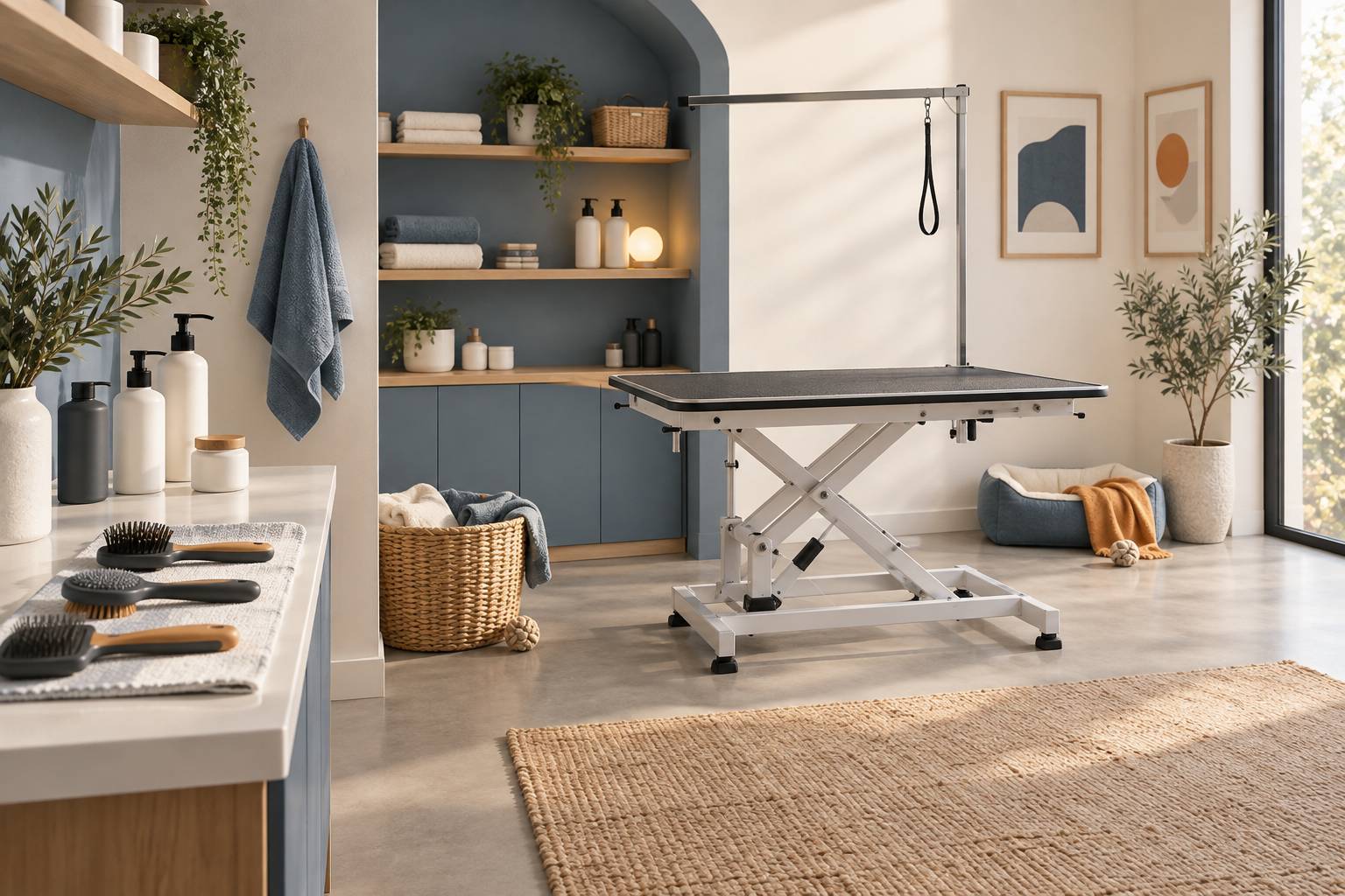 Table de soin animalier propre avec brosses et serviettes pliees