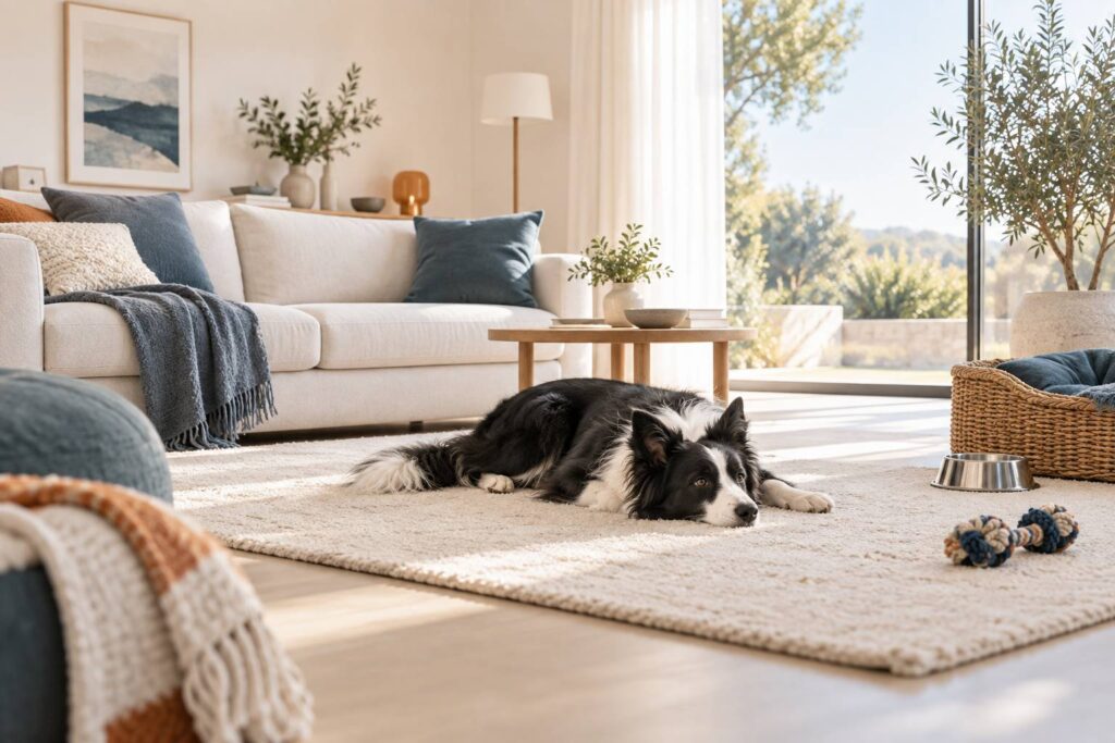 Border collie noir et blanc couché sur un tapis dans un intérieur lumineux