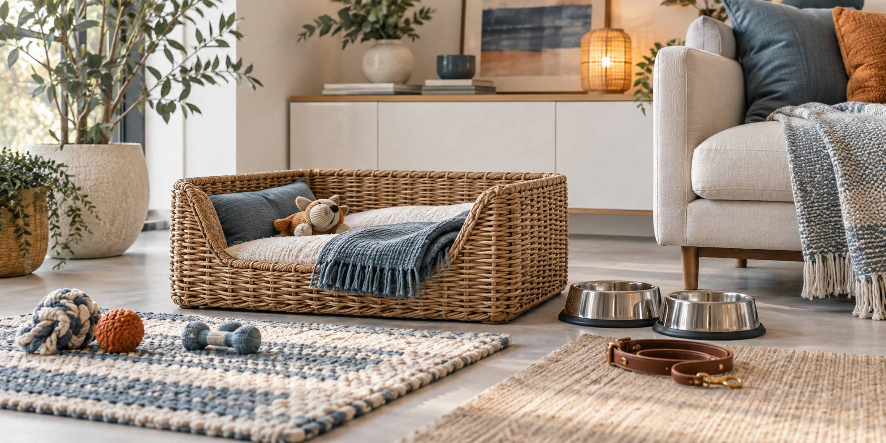 Coin chien avec panier en osier, gamelles inox et jouets à mordiller