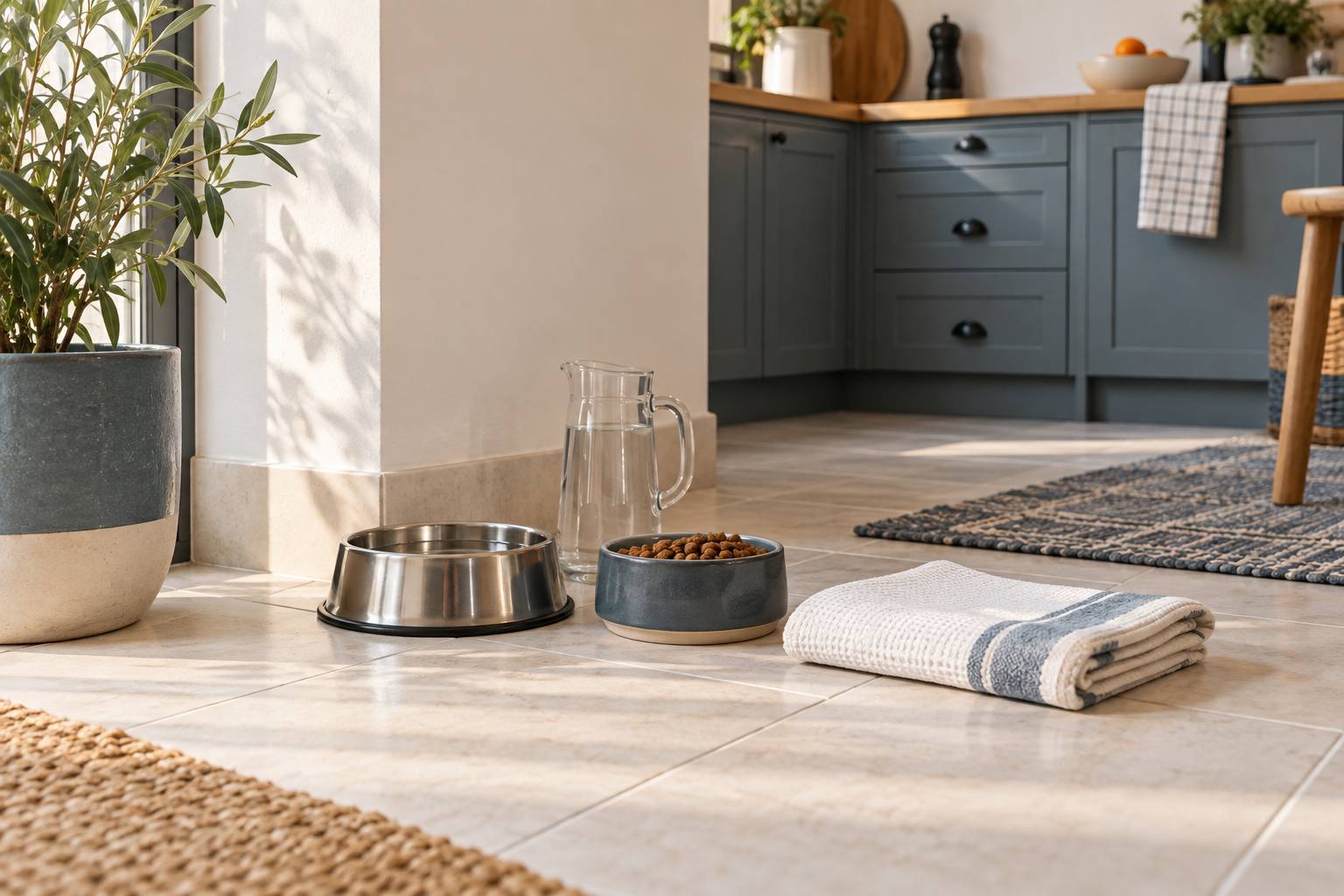Gamelle d'eau, bol de croquettes et pichet dans une cuisine