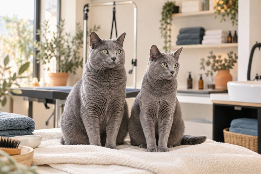 Deux chats a robe grise unie assis sur un plaid clair dans un salon