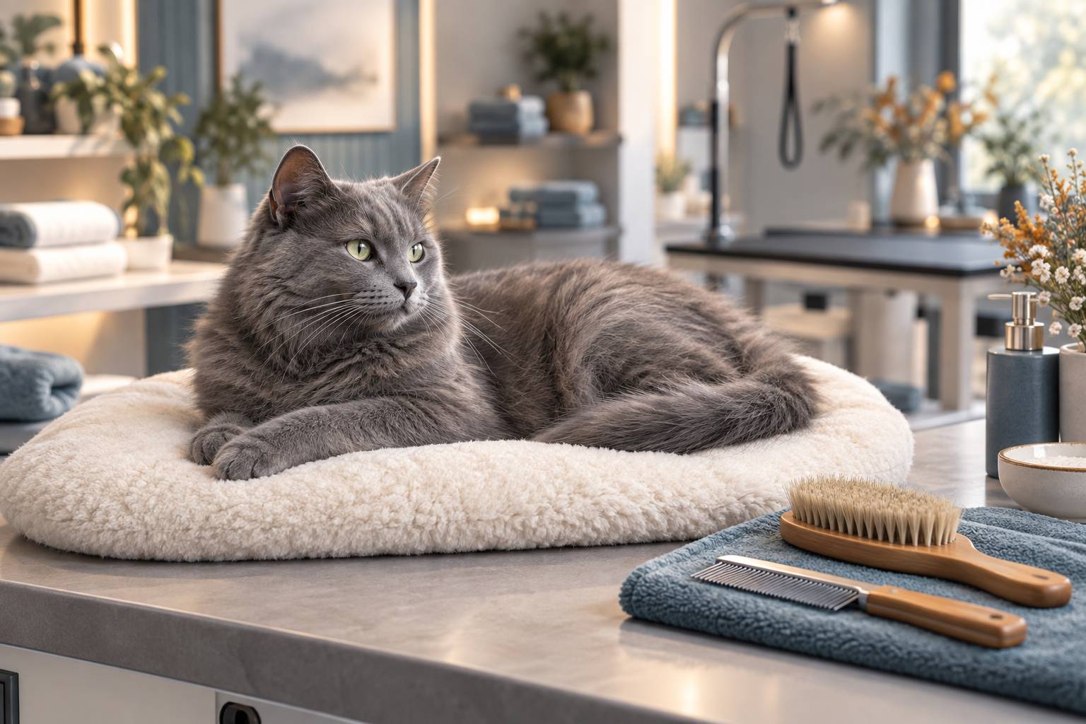 Chat gris fume couche pres d'une brosse sur un plan de travail propre