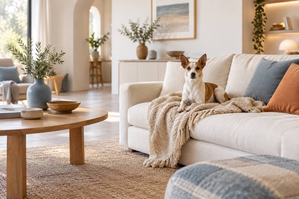 Petit chien a poil ras assis sur un plaid beige dans un salon clair et propre