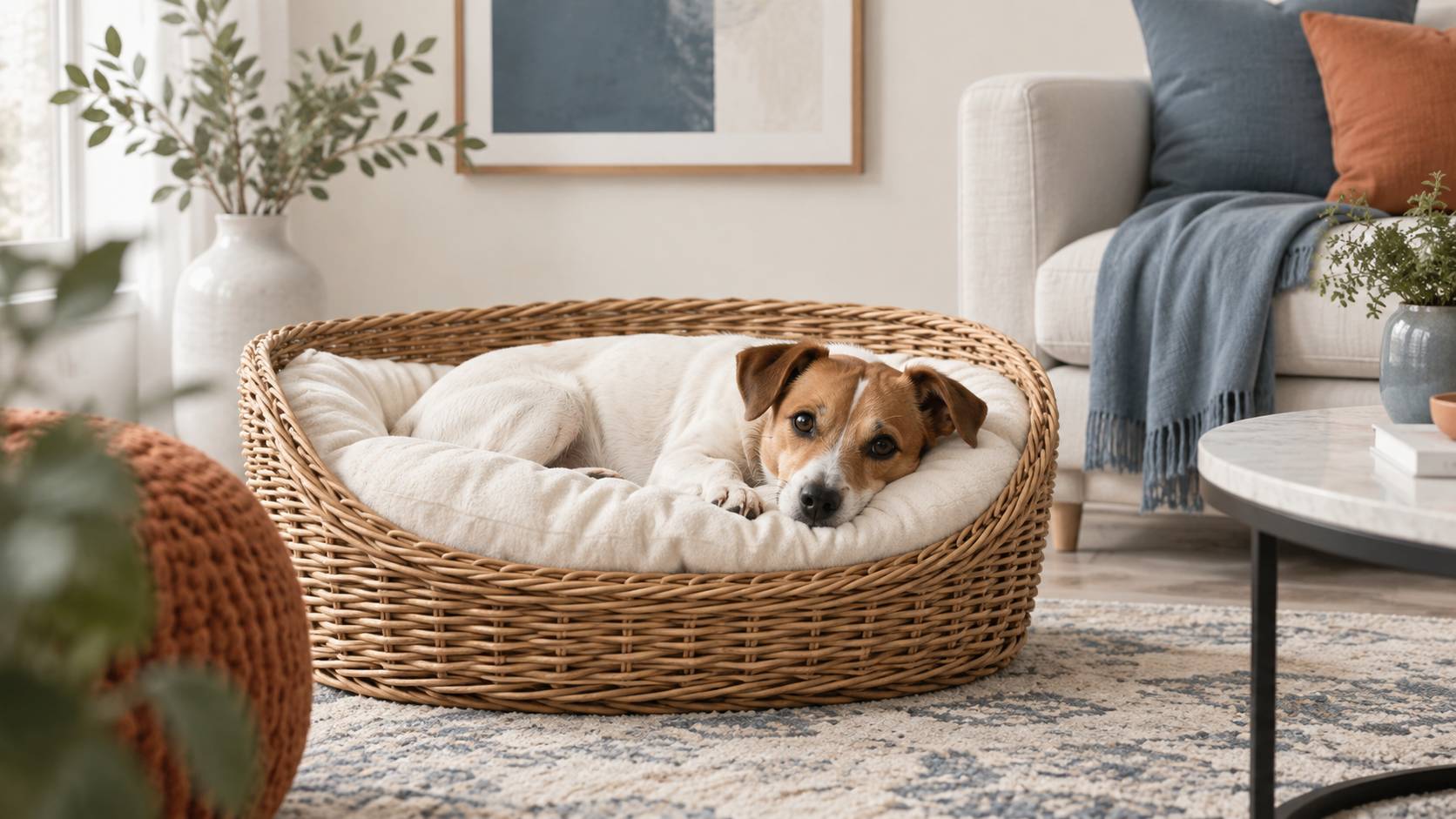 Petit chien a poil ras couche dans un panier clair de salon bien tenu