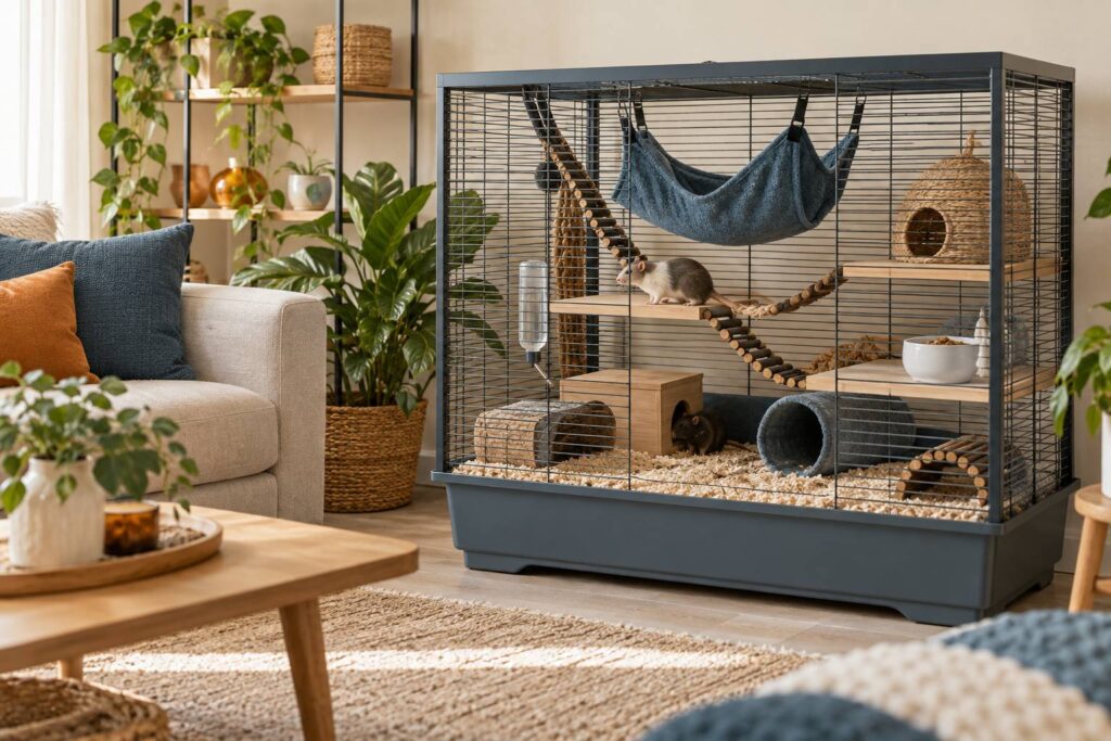 Cage aménagée pour rats domestiques avec hamac et accessoires