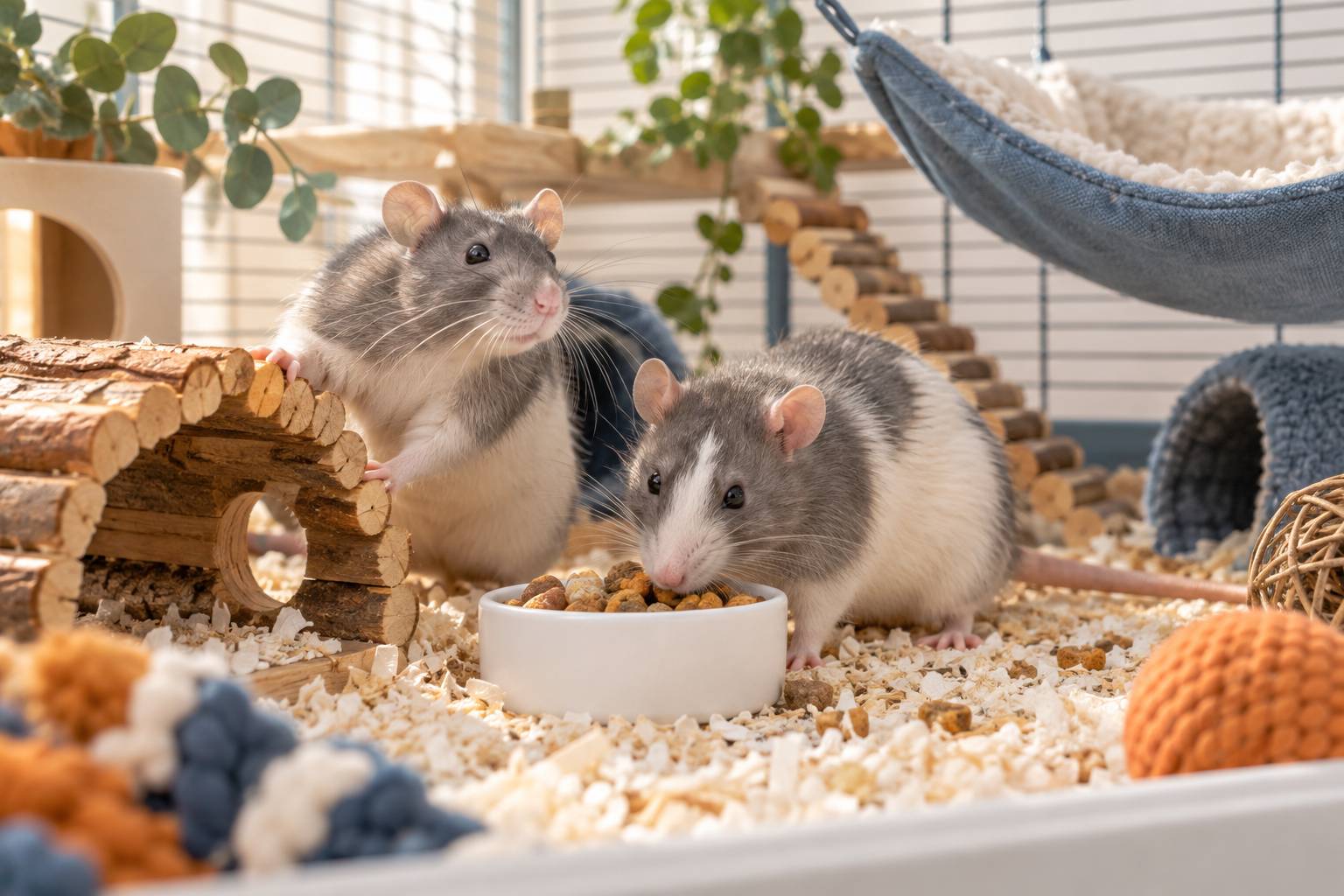 Rats domestiques gris et blancs dans une cage propre avec gamelle