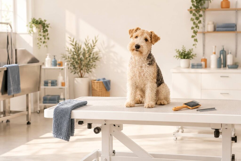 Terrier au poil laineux bouclé assis sur une table de toilettage claire