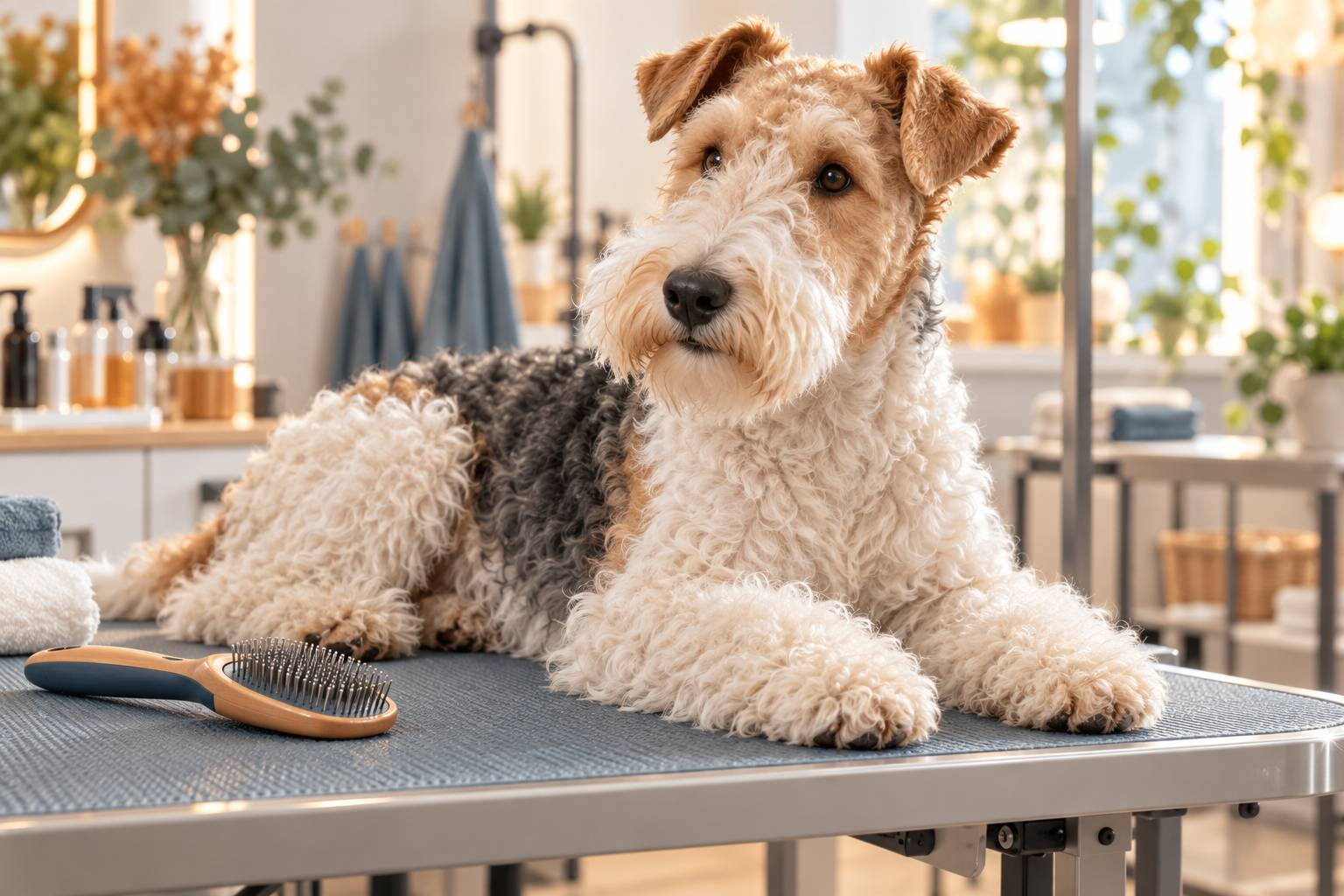 Pelage bouclé d'un terrier laineux brossé sur une table de toilettage
