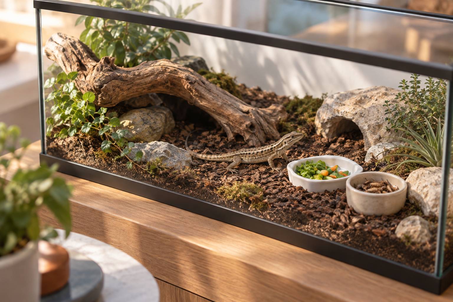 Lézard près d'une coupelle de verdure et d'un bol de grillons dans un terrarium