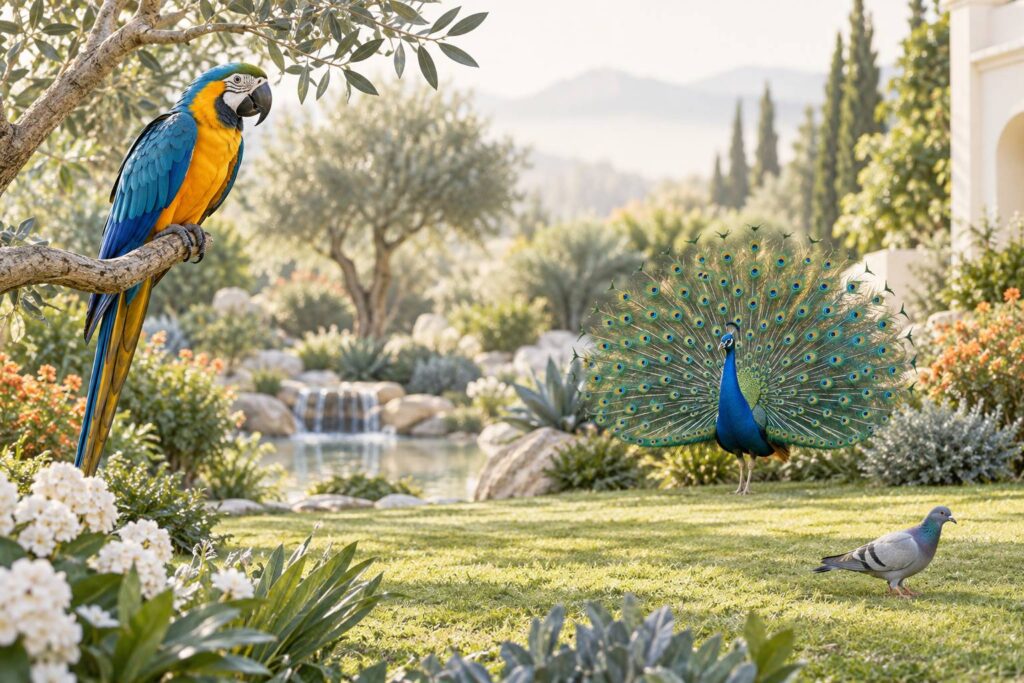 Perroquet colore, paon et pigeon dans un environnement naturel verdoyant