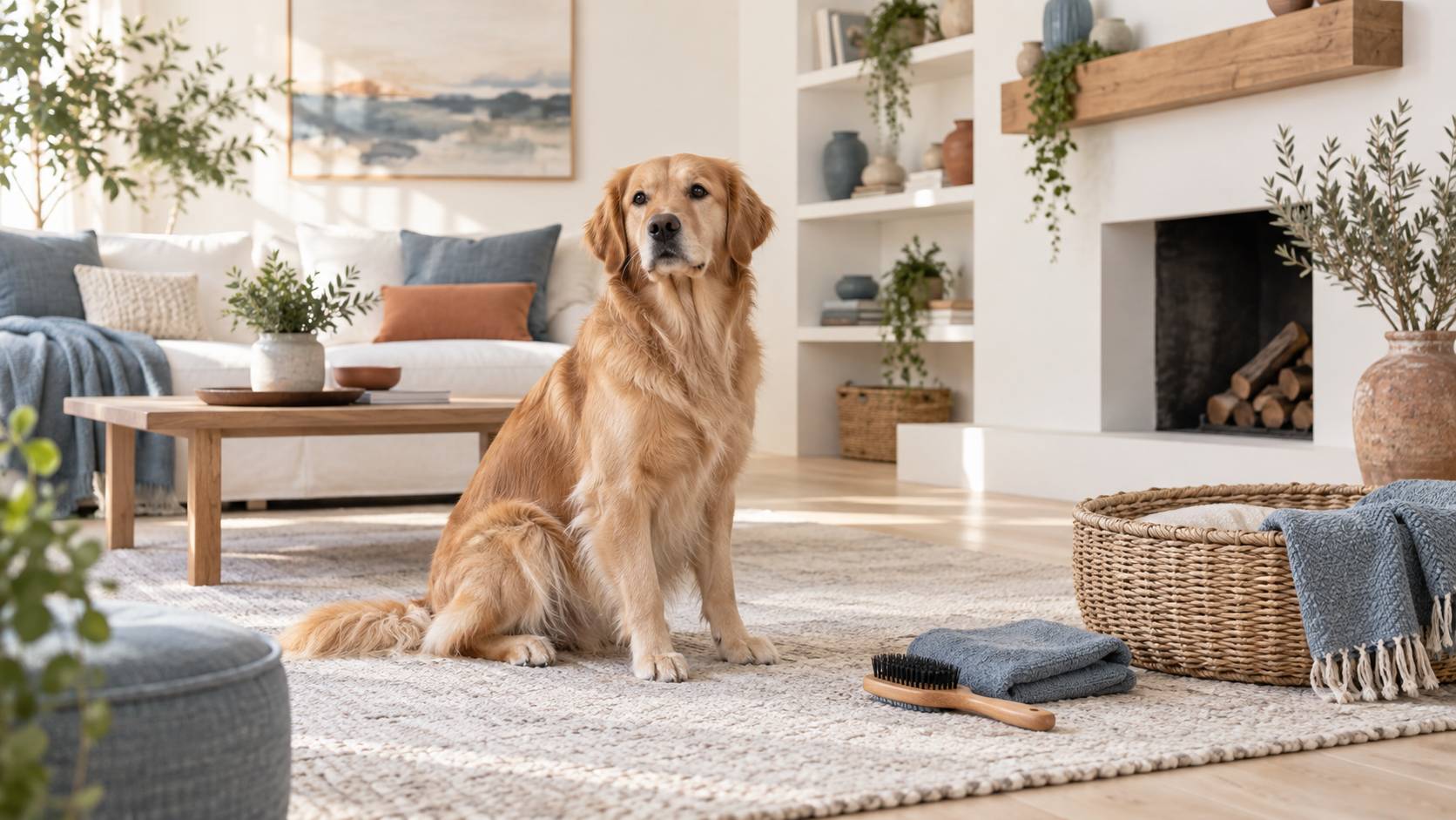 Chien au pelage soyeux assis près d'un panier et d'une brosse de toilettage