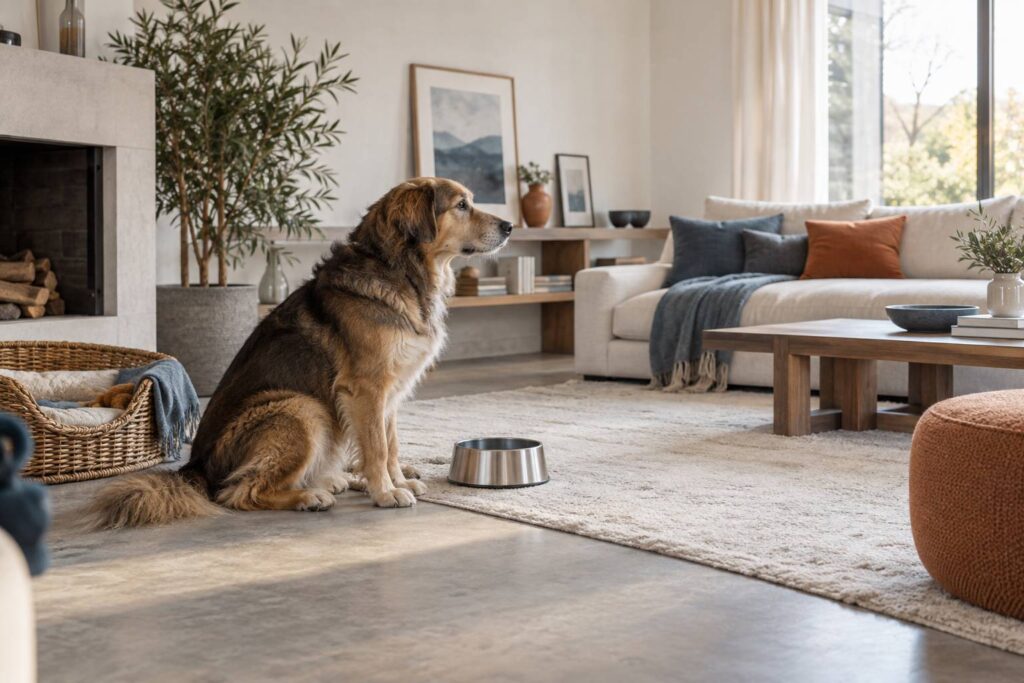 Grand chien assis pres d'une gamelle d'eau dans un interieur chaleureux