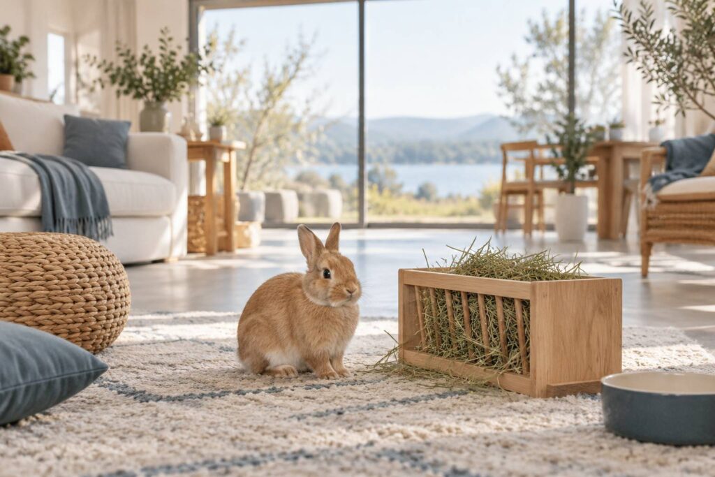 Lapin nain domestique dans un interieur clair et bien tenu pres d'un râtelier de foin