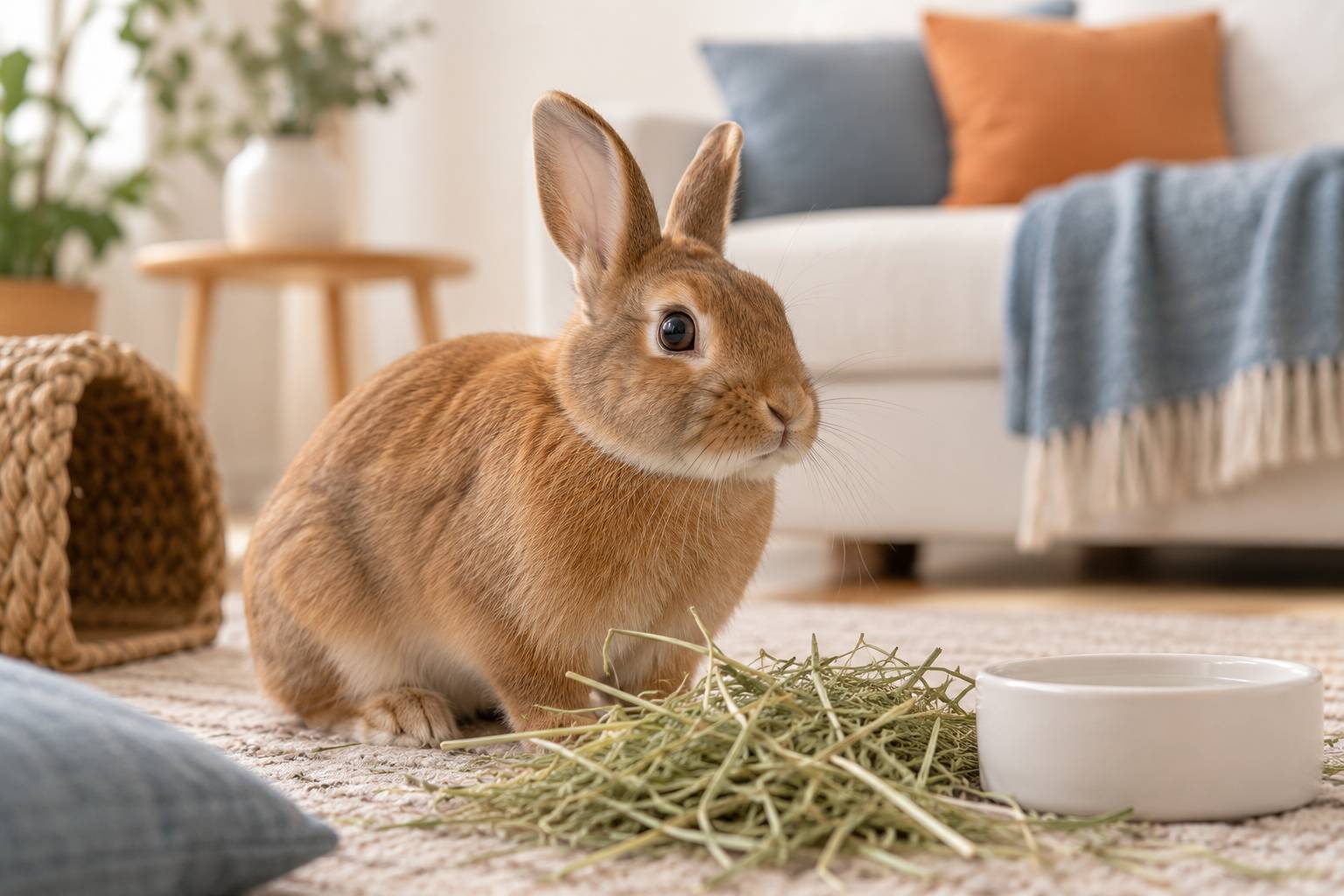Gros plan d'un lapin nain devant un râtelier de foin et une gamelle d'eau
