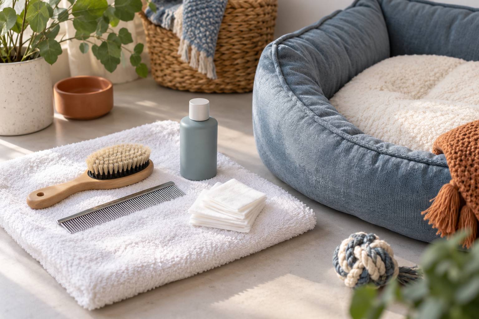 Accessoires de toilettage pour chat poses sur une serviette eponge