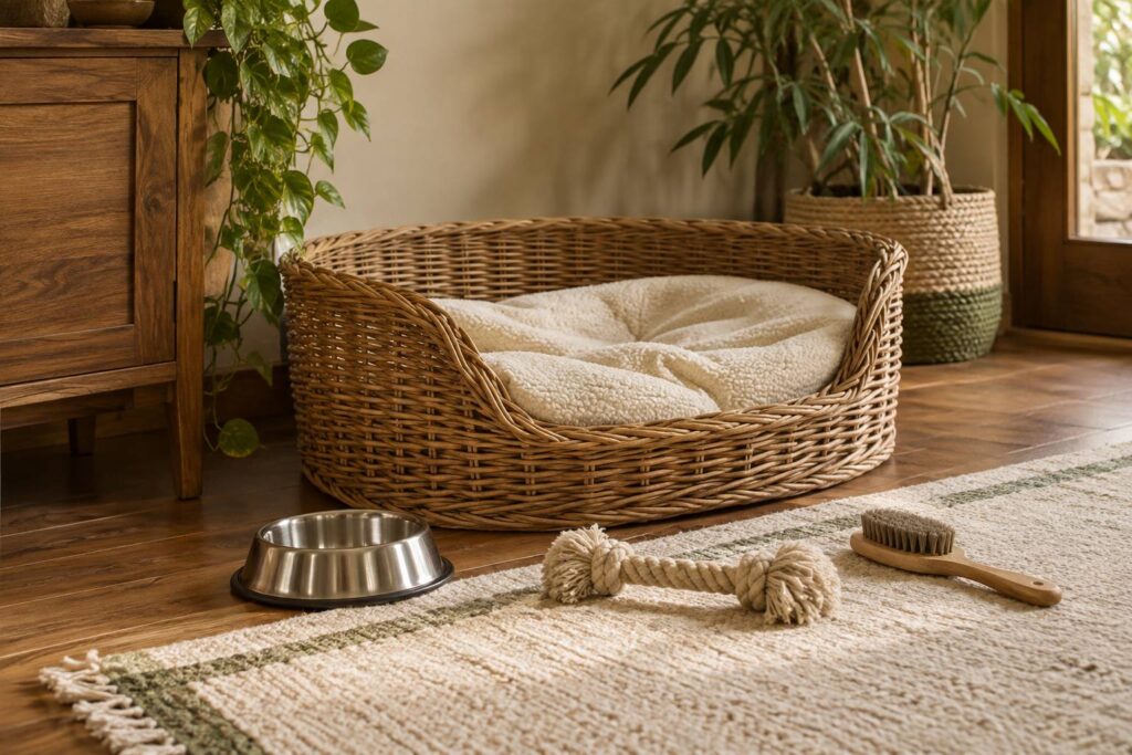 Panier en osier, gamelle et accessoires préparés pour un grand chien au salon