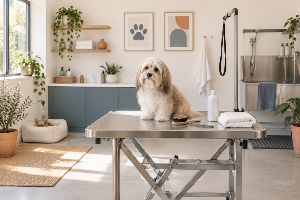 Petit chien à poil long sur une table de toilettage avec brosse et peigne
