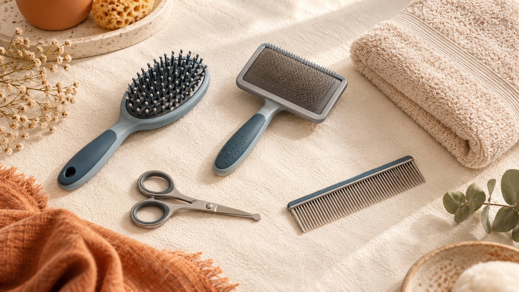 Brosse, carde et ciseau de toilettage posés sur un tissu propre