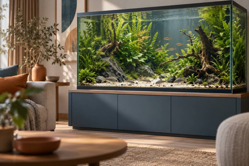 Aquarium d'eau douce avec poissons nettoyeurs et plantes vertes