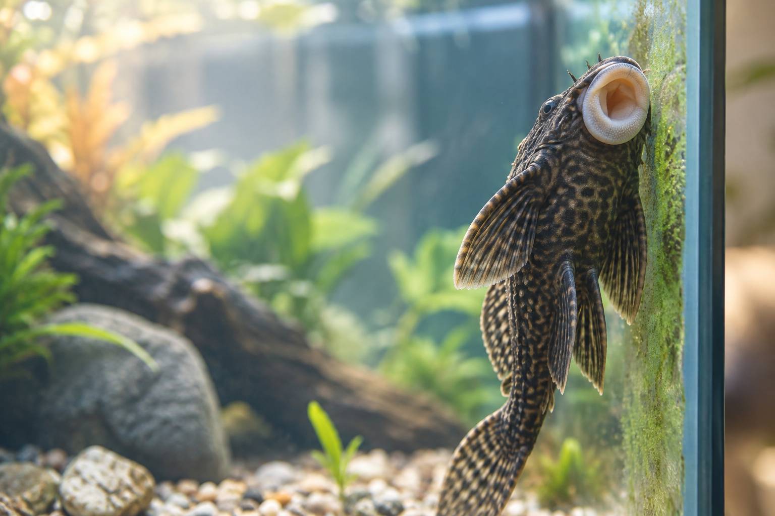 Poisson nettoyeur sur la vitre d'un aquarium parmi les plantes