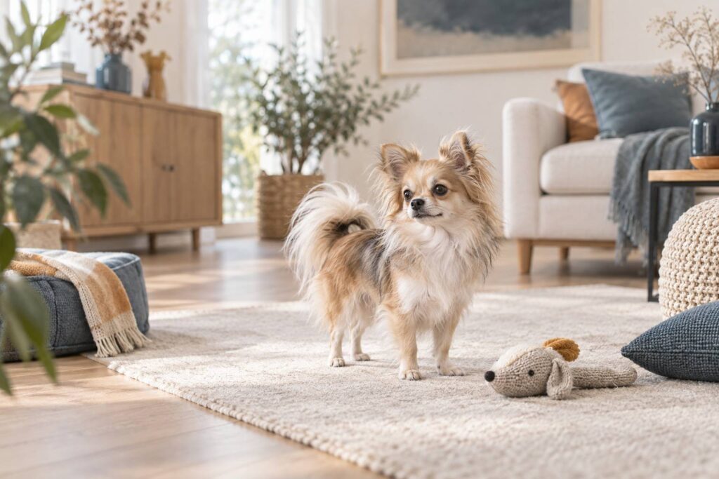 Petit chien toy a poil long debout sur un tapis dans un interieur lumineux