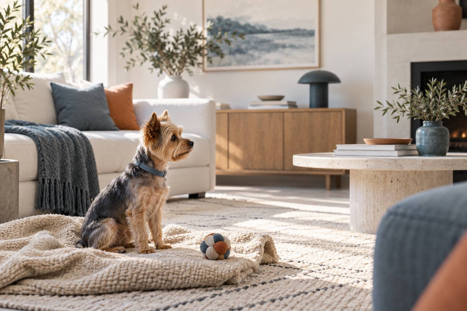 Petit chien toy assis de profil sur un plaid beige