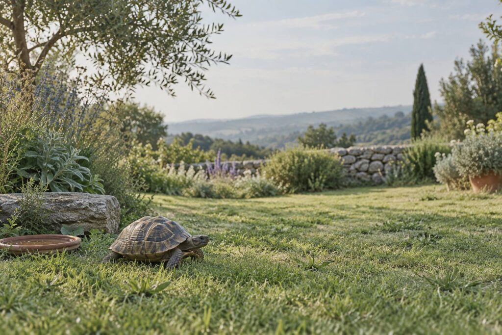 Tortue terrestre dans un jardin pres de plantes sauvages