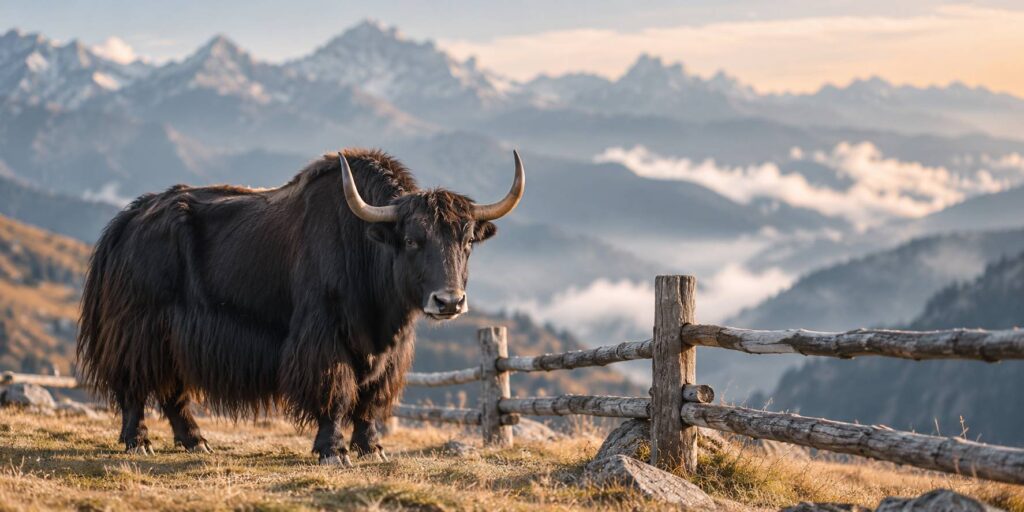 Yak à la robe sombre et fournie debout dans un pré d'altitude avec montagnes au loin